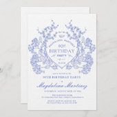 ラグジュアリー90th誕生日ヴィンテージブルーフローラクレスト 招待状 (正面/裏面)