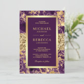 ラグジュアリー ウェディング フォト グラファー ゴールド グリッター パープル マーブル 招待状 (スタンド正面)