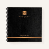 ラグジュアリー エレガント ブラックレザー ゴールドモノグラム ノートブック (正面)