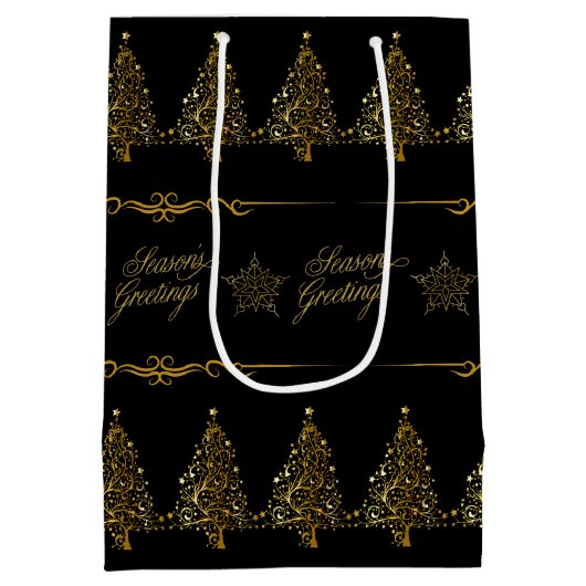 ラグジュアリー エレガント ブラック ゴールド クリスマス ツリー ミディアムペーパーバッグ (裏面)