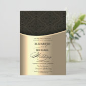 ラグジュアリー エレガント ブラック ダマスク ゴールド ウェディング 招待状 (スタンド正面)