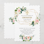 ラグジュアリー クリーム ブラッシュ フローラル ゴールド クロス 確認 招待状 (正面/裏面)