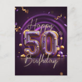 ラグジュアリー グラム パープルとゴールドの50歳の誕生日 ポストカード (正面)