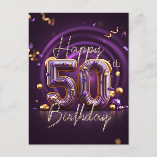 ラグジュアリー グラム パープルとゴールドの50歳の誕生日 ポストカード (正面)
