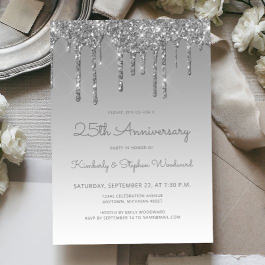 ラグジュアリー グリッター ドリップ シルバー 25周年パーティー 招待状