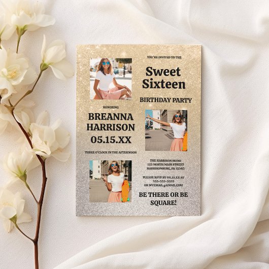 ラグジュアリー ゴールド シルバー グリッター グラデーション フォト スウィート 16 招待状