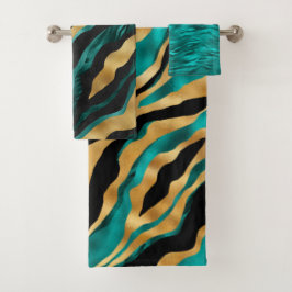 ラグジュアリー ゴールド ティール タイガー ストライプ パターン バスタオルセット
