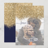 ラグジュアリー ゴールド ネイビー グリッター コンフェッティ フォト ウェディング セーブザデート (正面/裏面)