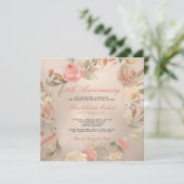 ラグジュアリー ゴールド ピーチ コーラル フローラル ウェディング アニバーサリー 招待状 (スタンド正面)