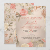 ラグジュアリー ゴールド ピーチ コーラル フローラル スウィート シックスティーン 招待状 (正面/裏面)