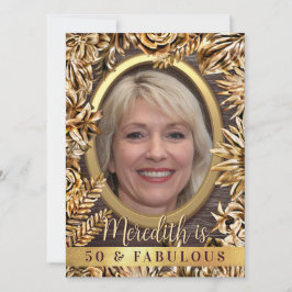 ラグジュアリー ゴールド フラワー カスタム フォト 50 アンド ファビュラス 招待状