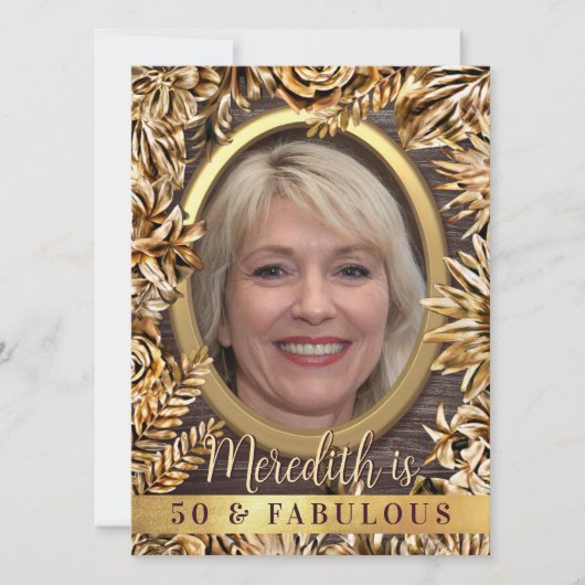 ラグジュアリー ゴールド フラワー カスタム フォト 50 アンド ファビュラス 招待状 (正面)