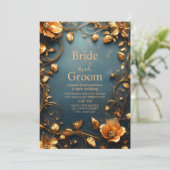 ラグジュアリー ゴールド フローラル エレガントなターコイズブルーの背景 招待状 (スタンド正面)