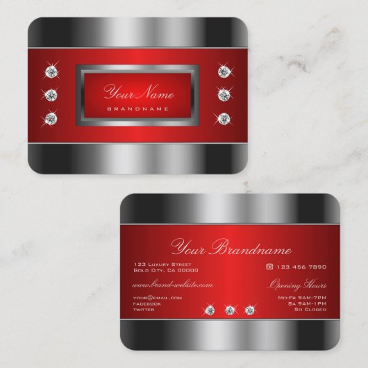ラグジュアリー シルバーとレッドの輝くラインストーン 名刺 (正面/裏面)