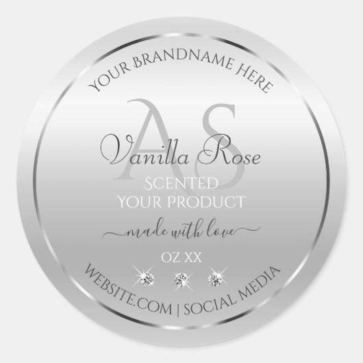 ラグジュアリー シルバー プロダクト ラベル ダイヤモンドとモノグラム (正面)