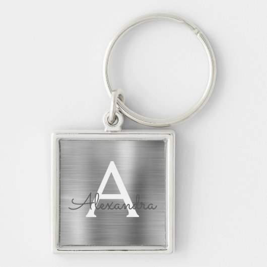 ラグジュアリー シルバー 偽ステンレススチール モノグラム キーホルダー (正面)