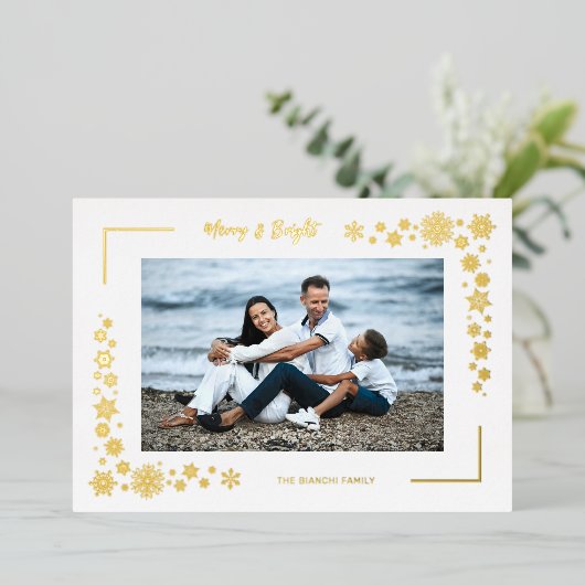 ラグジュアリー スノーフレーク ミニマル フォト ファミリー フレーム 箔シーズンカード (立ち正面)