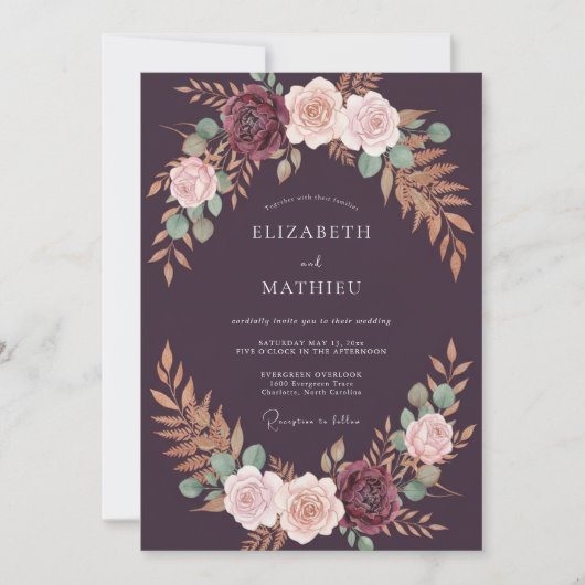 ラグジュアリー・ディープパープルのリースの結婚式 招待状 (正面)