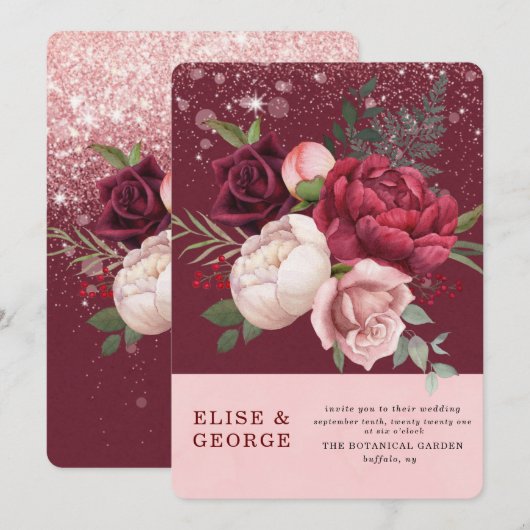 ラグジュアリー バーガンディー ブラッシュ ピンク 牡丹 グリッター ウェディング 招待状 (正面/裏面)