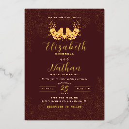 ラグジュアリー バーガンディ＆ゴールド 鳥 花柄 箔招待状