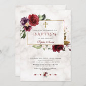 ラグジュアリー バーガンディ ピンク フラワーフレーム 大理石 洗礼 招待状 (正面/裏面)