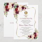 ラグジュアリー バーガンディ ピンク フローラル  Holy Communion 招待状 (正面/裏面)