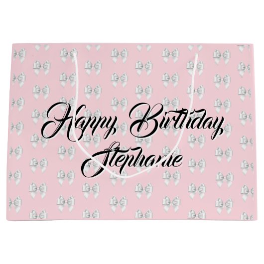 ラグジュアリー ピンク オーダーメイド ネーム ティファニー テーマ ホワイト リボン ラージペーパーバッグ (正面)