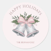 ラグジュアリー ピンク＆シルバー グリッター ジングルベル カスタム ラウンドシール (正面)