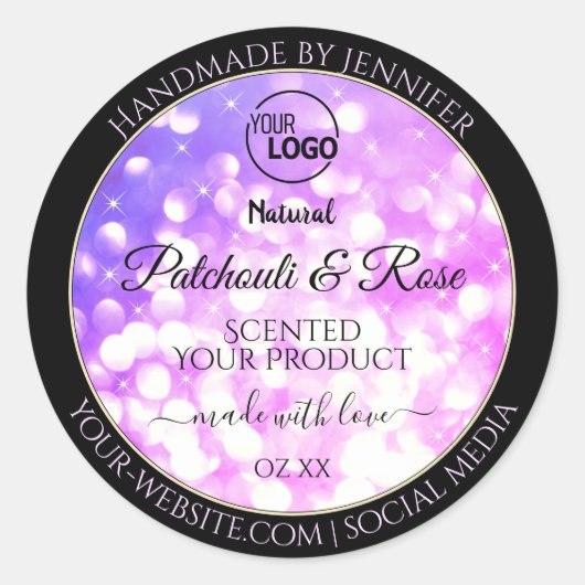 ラグジュアリー ピンク パープル グリッター 商品ラベル ロゴ付き ラウンドシール (正面)