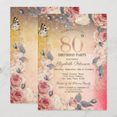 ラグジュアリー フラワーズ, バタフライ, ライト オンブレ 80歳の誕生日 招待状 (正面/裏面)