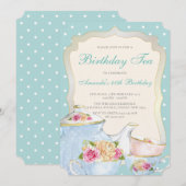 ラグジュアリー フラワー バースデー ティーパーティー 水玉 招待状 (正面/裏面)