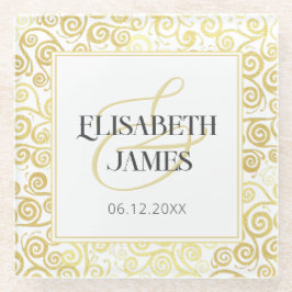 ラグジュアリー フロリッシュ シック ウィンター ホワイト アンド ゴールド ウェディング ガラスコースター