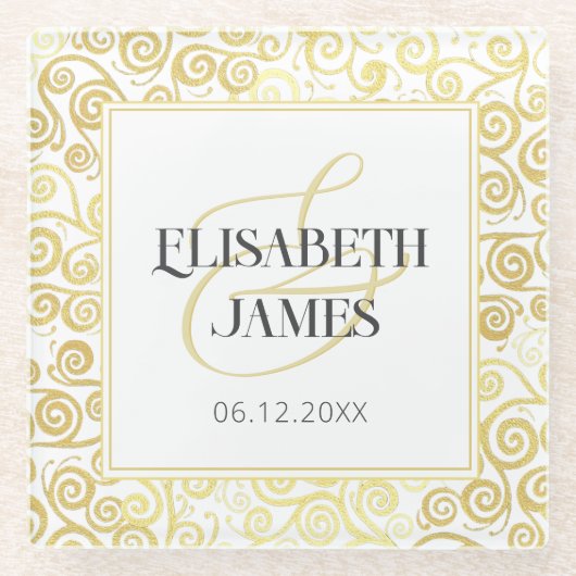 ラグジュアリー フロリッシュ シック ウィンター ホワイト アンド ゴールド ウェディング ガラスコースター (正面)