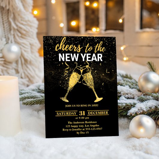 ラグジュアリー ブラック＆ゴールド グリッター ニューイヤーズイブ パーティー 招待状
