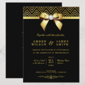 ラグジュアリー ブラック ゴールド シェブロン ダイヤモンド リボン ウェディング 招待状 (正面/裏面)