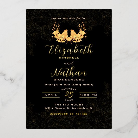 ラグジュアリー ブラック＆ゴールド バード フローラル パターン 箔招待状 (正面)