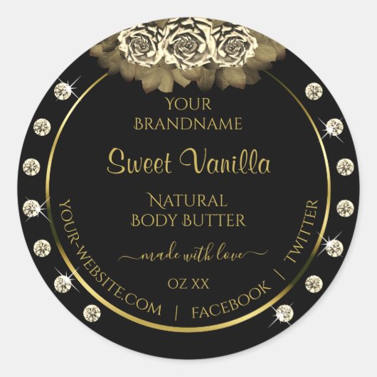 ラグジュアリー ブラック＆ゴールド プロダクトラベル ローズ ダイヤモンド ラウンドシール (正面)