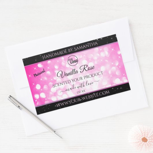 ラグジュアリー ブラック ピンク グリッター 商品ラベル ロゴを追加 長方形シール (封筒)