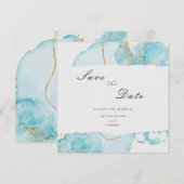 ラグジュアリー ブルー ゴールド ウォーターカラー アブストラクト セーブ ザ デート 招待状 (正面/裏面)