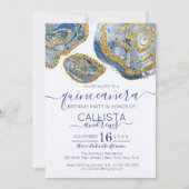 ラグジュアリー ブルー ゴールド マーブル アゲート グリッター キンセアニエラ 招待状 (正面)