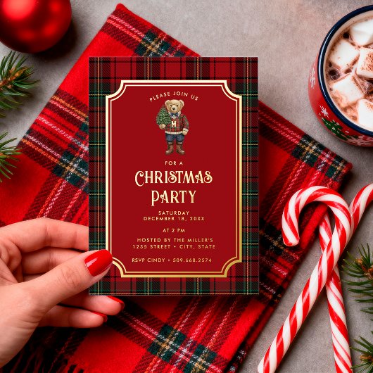 ラグジュアリー プレッピー ペンキ柄 クリスマス テディベア 箔招待状