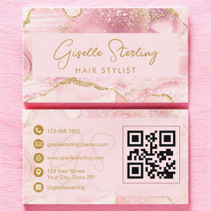 ラグジュアリー ヘアスタイリスト ブルッシュピンク ゴールド アゲート QRコード 名刺