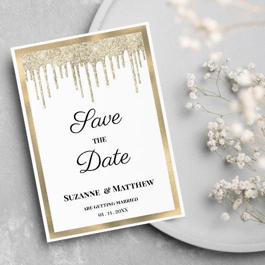 ラグジュアリー ホワイトゴールド ラメドリップ Save the Date 招待状
