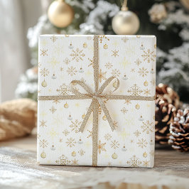 ラグジュアリー ホワイト&ゴールド スノーフレーク クリスマス ラッピングペーパー
