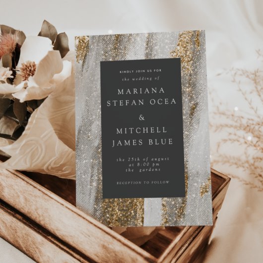 ラグジュアリー マーブル ゴールド ストローク 白とグレー 招待状