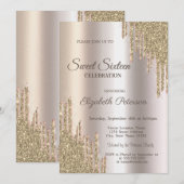 ラグジュアリー モダン グリッター ドリップス ゴールド スイート16 招待状 (正面/裏面)