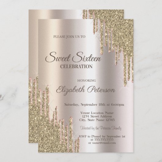 ラグジュアリー モダン グリッター ドリップス ゴールド スイート16 招待状 (正面/裏面)