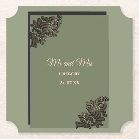 ラグジュアリー モダン セージグリーン & ゴールド メタリック ペーパーコースター (正面)