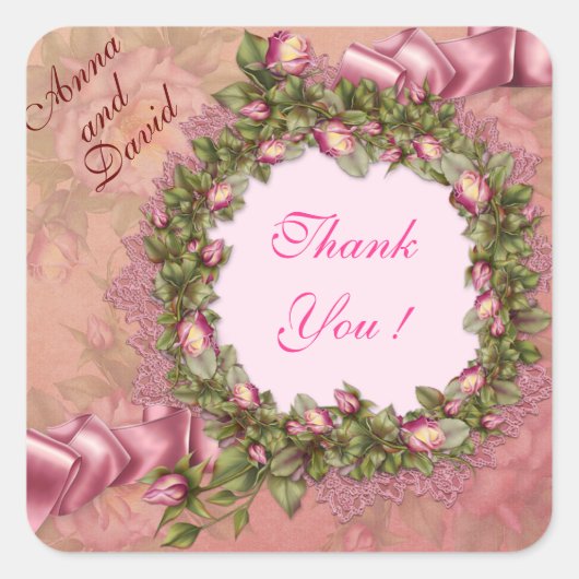 ラグジュアリー モダン ピンク ローズ テキストを追加 スクエアシール (正面)