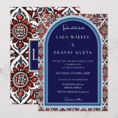 ラグジュアリー レッド アンド ブルー タイル 招待状 (正面/裏面)